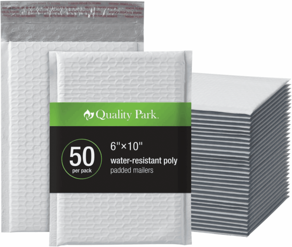 Bubble Mailers, 6 X 9 Inch, White Poly Mailers, Padded Envelopes, Shipping Envelopes, Water Resistant, Self Seal, 50 per Box (QUA85856), Plastic