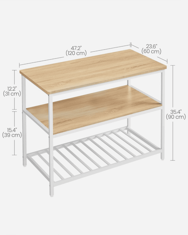 Kitchen Island with 3 Shelves, 47.2 Inches Width Kitchen Shelf with Large Worktop, Stable Steel Structure, Industrial, Easy to Assemble, Oak Color and White UKKI001W09 - Image 3