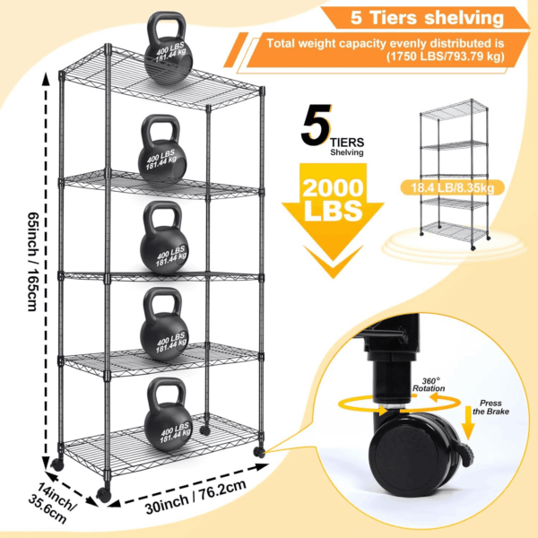 5 Tier Shelving Unit, Adjustable Storage Shelves with Wheels, Wire Shelving, 400 Lbs Capacity per Shelf, Max 2000 Lbs Total for Pantry, Kitchen, Garage, 30" L X 14" W X 59" H, Blacka - Image 3