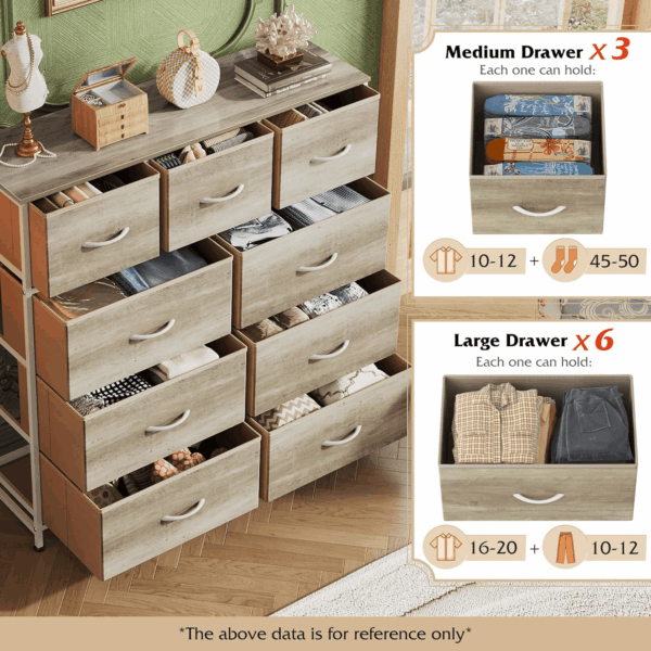 9-Drawer Dresser, Fabric Storage Tower for Bedroom, Hallway, Nursery, Closet, Tall Chest Organizer Unit with Fabric Bins, Steel Frame, Wood Top, Easy Pull Handle, Greige - Image 5