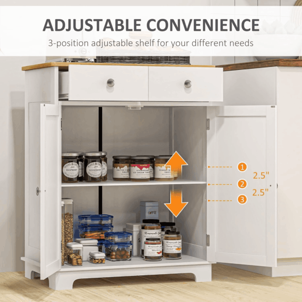 Sideboard with Solid Wood Countertop, Modern Kitchen Storage Cabinet, Coffee Bar Cabinet with 2 Drawers, Doors and Adjustable Shelf, Distressed White - Image 6