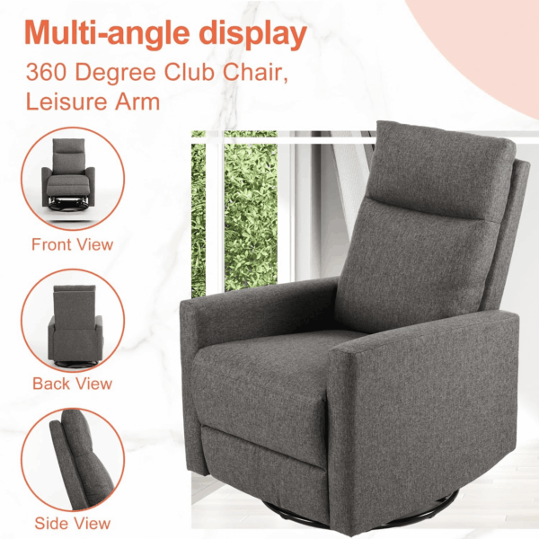 Recliner Chair, 360 Swivel Rocker Chair for Adults, Glider Rocker Recliners, Nursery Chairs for Living Room, High Back, Upholstered Deep Seat, Grey - Image 5