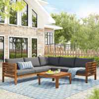 Outdoor Acacia Wood Sectional Sofa Set with Coffee Table and Removable Cushion, Wood Structure Furniture Set, Patio Conversation Set, Water-Resistant, UV Protected, Strong Metal Accessories, Grey