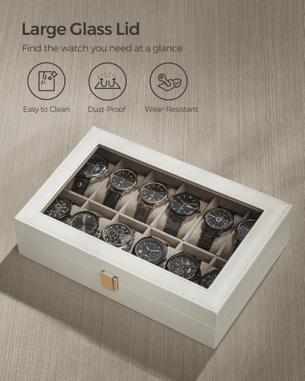 Watch Box, 12-Slot Watch Case with Large Glass Lid, Removable Watch Pillows, Watch Box Organizer, Gift for Loved Ones, Cloud White Synthetic Leather, Cappuccino Beige Lining UJWB120W01 - Image 5