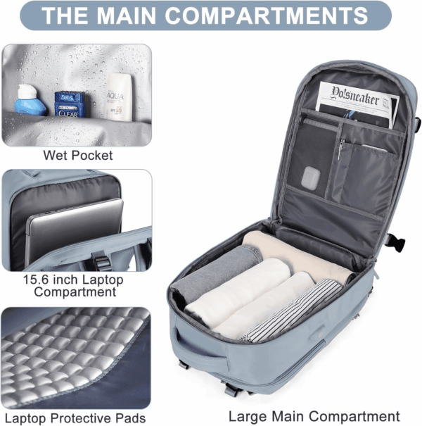 Travel Backpack for Women Men Airline Approved Carry on Backpack Flight Approved Waterproof Sports Luggage Backpack Casual Daypack Small Hiking Backpack Grey Blue - Image 6