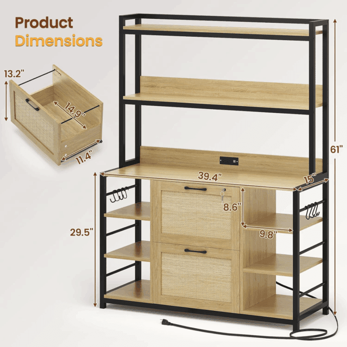 Natural Rustic File Cabinet, 2 Drawer Filing Cabinet, Fits Legal/Letter/A4 Size, 6 Layer Open Storage Shelves, Power Strip & USB Ports, Home Office - Image 2