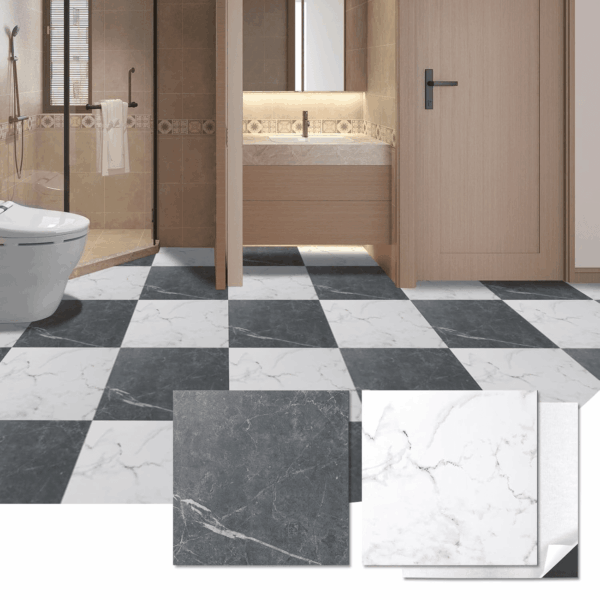 Peel and Stick Vinyl Floor Tiles 30-Pack 12 X 12 Inch, Self Adhesive Waterproof Flooring Planks for Kitchen, Dining Room, Bedrooms, Cover 30 Sq. Ft, Black & White Marble (15 Tiles per Color)