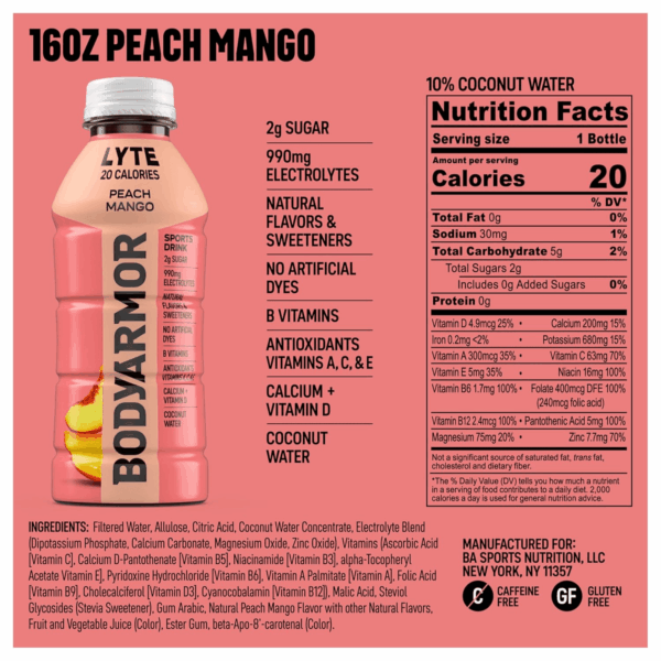 LYTE Sports Drink Low-Calorie Sports Beverage, Peach Mango, Coconut Water Hydration, Natural Flavors with Vitamins, Potassium-Packed Electrolytes, Perfect for Athletes, 16 Fl Oz (Pack of 12) - Image 2