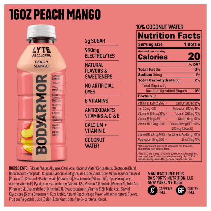LYTE Sports Drink Low-Calorie Sports Beverage, Peach Mango, Coconut Water Hydration, Natural Flavors with Vitamins, Potassium-Packed Electrolytes, Perfect for Athletes, 16 Fl Oz (Pack of 12) - Image 2