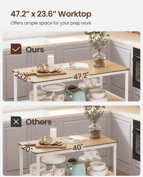 Kitchen Island with 3 Shelves, 47.2 Inches Width Kitchen Shelf with Large Worktop, Stable Steel Structure, Industrial, Easy to Assemble, Oak Color and White UKKI001W09 - Image 5