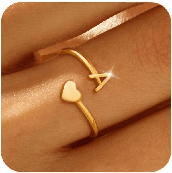 Gold Initial Rings for Women Non Tarnish 18K Gold Plated Heart Initial Stackable Rings Adjustable Pinky Rings for Women Cute Dainty Alphabet Capital Letter Rings Jewerly Gift