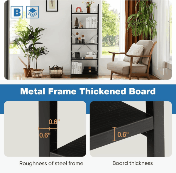 5 Tiers Bookshelf, Classical Book Shelf, Tall Display Shelves in Living Room/Home/Office, Storage Organizer for Cds/Books/Movies, Modern Black - Image 6