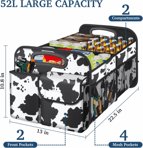 Car Trunk Organizer, Cow Print, Vintage Style, 52L Capacity, 4 Compartments, Waterproof, Non-Slip, Collapsible, 22.5"D X 18"W X 10.8"H - Image 2