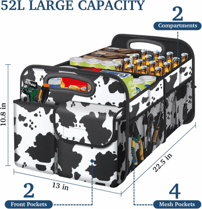 Car Trunk Organizer, Cow Print, Vintage Style, 52L Capacity, 4 Compartments, Waterproof, Non-Slip, Collapsible, 22.5"D X 18"W X 10.8"H - Image 2