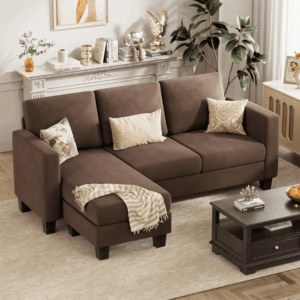 Convertible Sectional Sofa Couch, 3 Seat L-Shaped Sofa with Linen Fabric Ottoman Small Couch for Small Apartments, Living Room and Office (Linen Fabric, Brown)