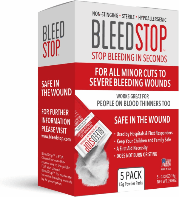 ™ First Aid Powder for Blood Clotting, Trauma Kit, Blood Thinner Patients, Camping Safety, and Survival Equipment for Moderate to Severe Bleeding Wounds or Nosebleeds 5 Pack 15G