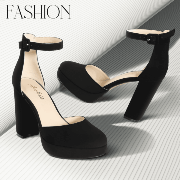 Black Platform Closed Toe Heels for Women, Womens Heels Closed round Toe Chunky Block Pumps Shoes, 4 Inch - Image 2