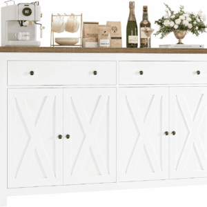 Sideboard Buffet Cabinet with Storage, 55" Large Kitchen Storage Cabinet with 2 Drawers and 4 Doors, Wood Coffee Bar Buffet Table Console Table for Kitchen Dining Room, White