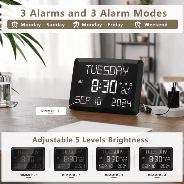 Digital Clock, 11.5" Large Display Calendar Clock with Day and Date, Indoor Temperature, Adjustable Brightness, Snooze,12/24H, DST for Home, Office, Elderly - Image 5