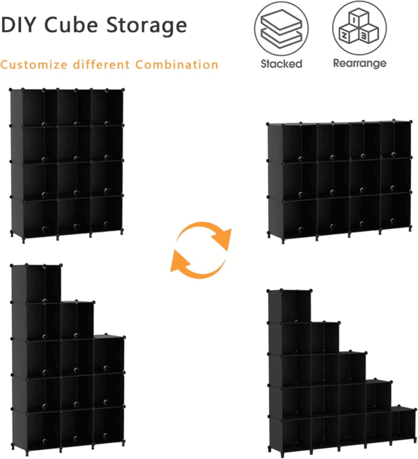 Cube Storage Organizer Closet Storage Shelves DIY Stackable Plastic Storage 12 Cube Bookshelf, Ideal Storage Organizer for Closet, Home, Bedroom, Black - Image 7