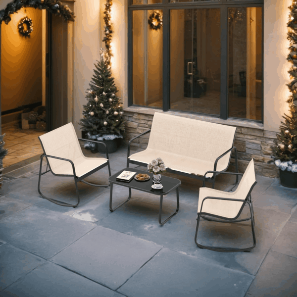 4-Piece Patio Furniture Set, Textilene Conversation Set with 2 Rocking Chairs and Tempered Glass Coffee Table, Perfect for Indoor Patio Lawn Garden Poolside, Brown - Image 2