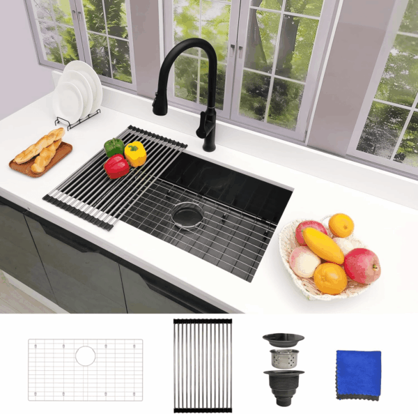 30 Inch Black Undermount Kitchen Sink -  Single Bowl Kitchen Sinks, 16 Gauge Stainless Steel Kitchen Sink Black with 4 Accessories, 30"X18"X9", Modern Design - Image 7