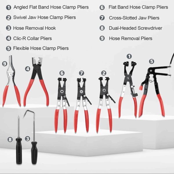 9PCS Hose Clamp Pliers, Long Reach Hose Clamp Tool Remover for Water Hose and Automotive Coolant Radiator Heater with Flexible Wire Long Reach Hose Clamp and Flat Band Pliers - Image 2