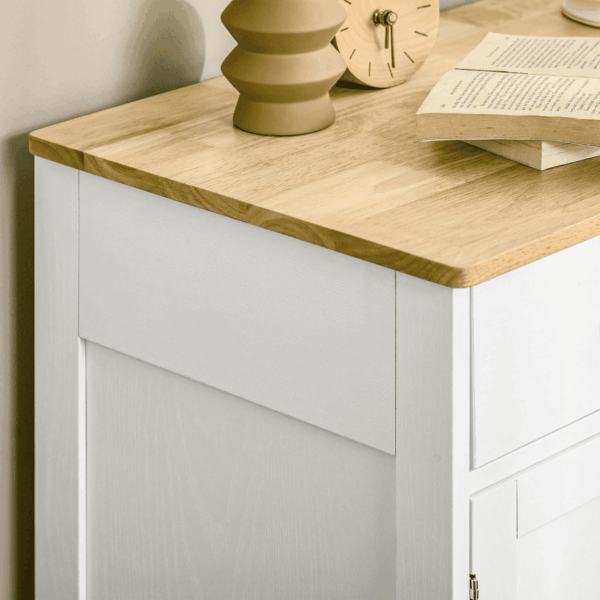 Sideboard with Solid Wood Countertop, Modern Kitchen Storage Cabinet, Coffee Bar Cabinet with 2 Drawers, Doors and Adjustable Shelf, Distressed White - Image 8