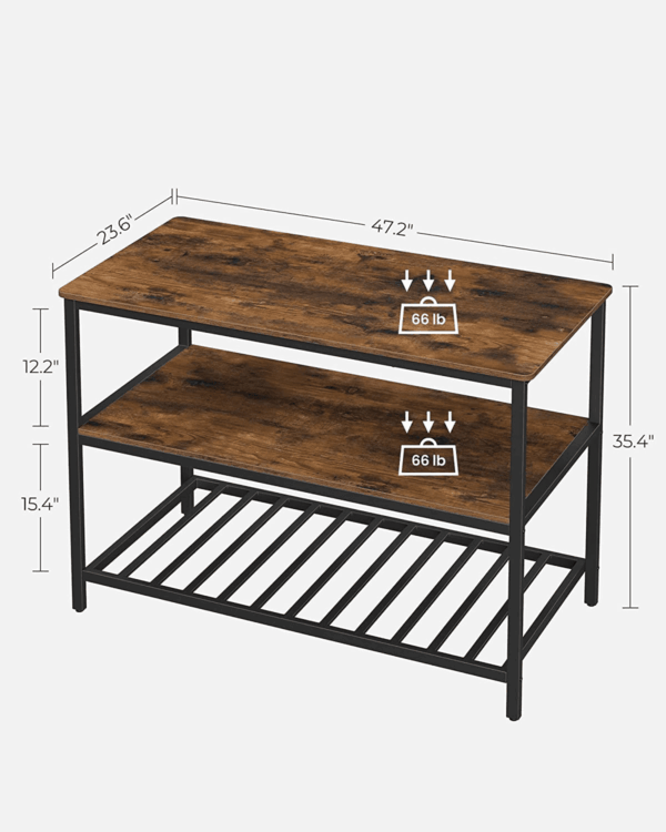 Kitchen Island with 3 Shelves, 47.2 Inches Width Kitchen Shelf with Large Worktop, Stable Steel Structure, Industrial, Easy to Assemble, Rustic Brown and Black UKKI01BX - Image 3