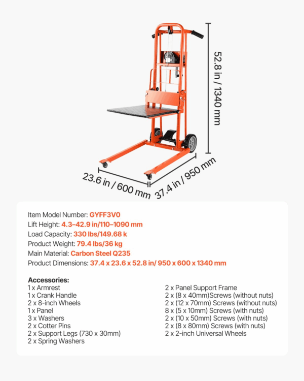 Material Lift Winch Stacker, 330Lbs Capacity Pallet Truck Dolly, 42.9In Max Lifting Height Manual Winch Stacker, Multifunctional Manual Pallet Truck Stacker with Swivel Casters and Lift Plate - Image 7