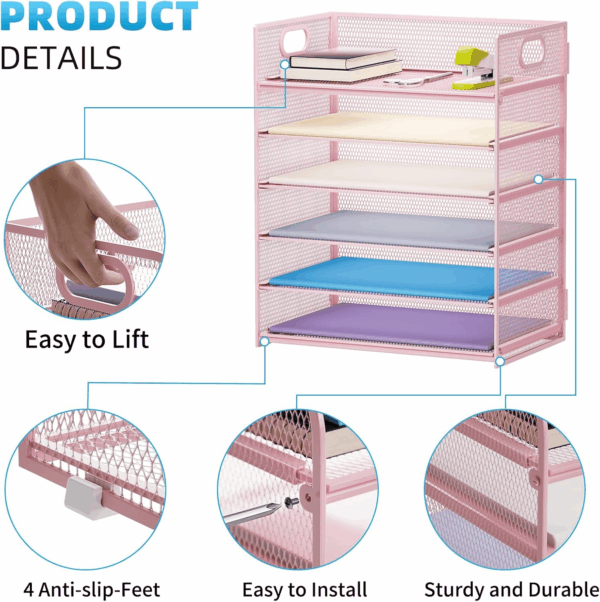 2 Pack Desk Organizer with Handle, 6 Tier Paper Letter Tray, Mesh Desk File Organizer for Office, School and Home - Pink - Image 2