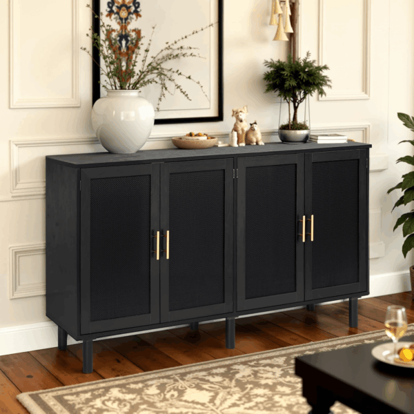 4 Door Sideboard Buffet Cabinet, Kitchen Storage Cabinet with Black Painted Rattan Decorated Doors, Cupboard Console Table, Boho Accent Liquor Cabinet, 62.3X 15.7X 34.6 Inches, Full Black - Image 4