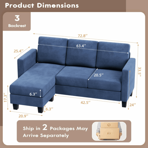 Convertible Sectional Sofa Couch, 3 Seat L-Shaped Sofa with Linen Fabric Ottoman Small Couch for Small Apartments, Living Room and Office (Linen Fabric, Blue) - Image 2