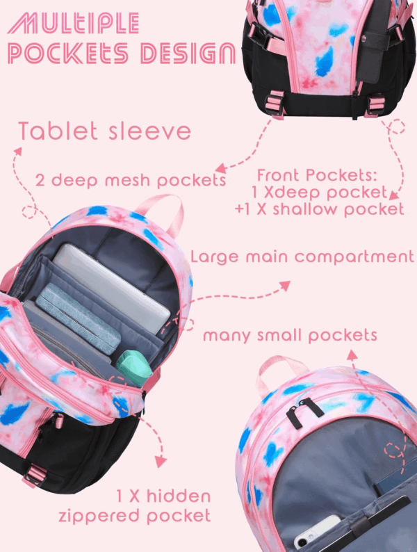 High School Backpack for Girls Middle School Bookbag Teens Back to School Bag for College with Large Compartment Mochilas Para Niñas Adolescentes 18" Tie Dye Pink - Image 3