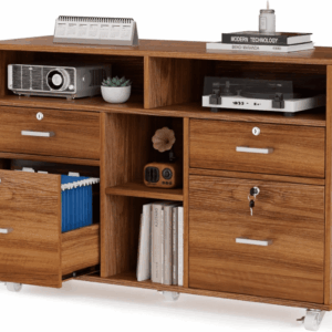Wide 4 Drawer File Cabinet with Lock, Wood Lateral File Cabinet with Open Shelves, Lockable Rolling File Cabinets for Home Office, Walnut File Cabinet Printer Stand, Letter Sized