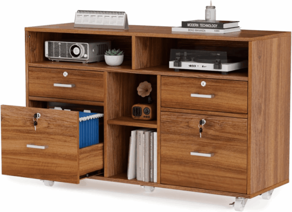 Wide 4 Drawer File Cabinet with Lock, Wood Lateral File Cabinet with Open Shelves, Lockable Rolling File Cabinets for Home Office, Walnut File Cabinet Printer Stand, Letter Sized