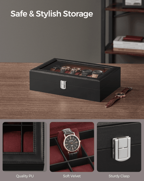 Watch Box, 12-Slot Watch Case with Large Glass Lid, Removable Watch Pillows, Watch Box Organizer, Gift for Loved Ones, Black Synthetic Leather, Wine Red Lining UJWB120R01 - Image 3