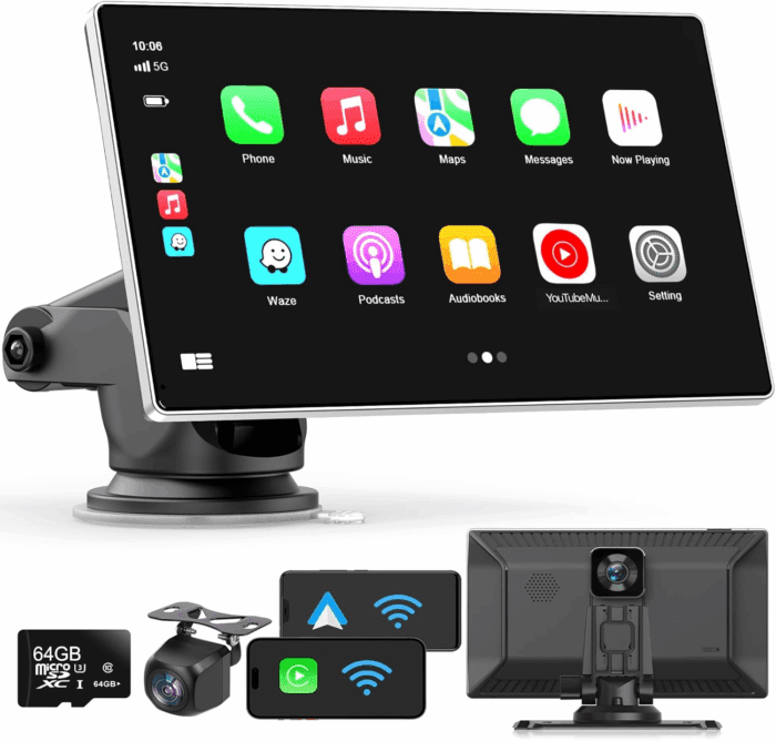 Portable Apple Carplay Screen for Car, 9" Wireless Apple Carplay & Android Auto,4K Dash Cam,1080P Backup Camera Dvr,Car Audio Receivers GPS Navigation Mirror Link, Bluetooth,Fm, Siri