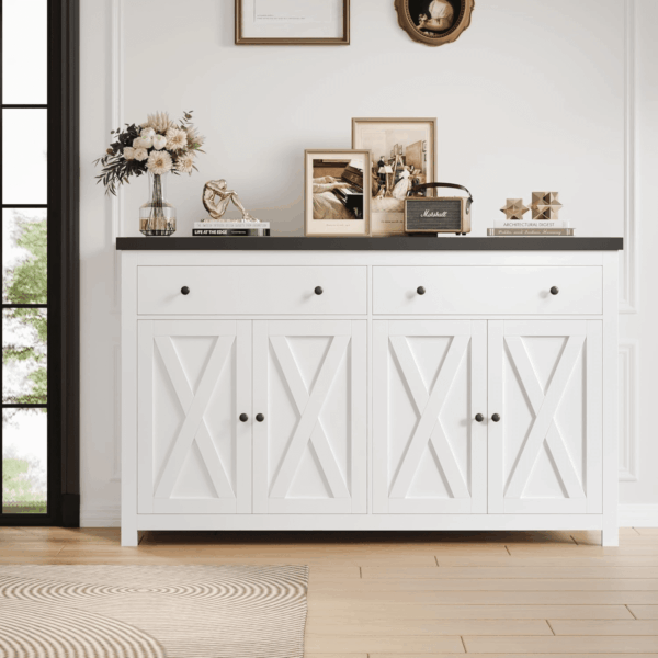 Sideboard Buffet with Storage, 55" Large Kitchen Cabinet with 2 Drawers and 4 Doors, Wood Coffee Bar Cabinet Buffet Table for Kitchen Dining Room, White and Black - Image 5