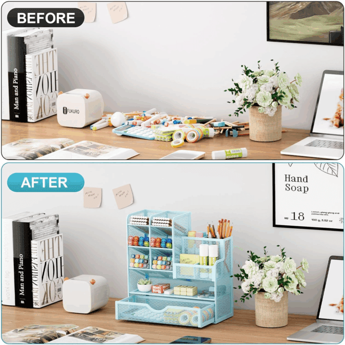 Mesh Pen Holder for Desk, Multi-Functional Pencil Organizer with Drawer, Desk Organizers and Accessories for Office Art Supplies (Blue) - Image 3