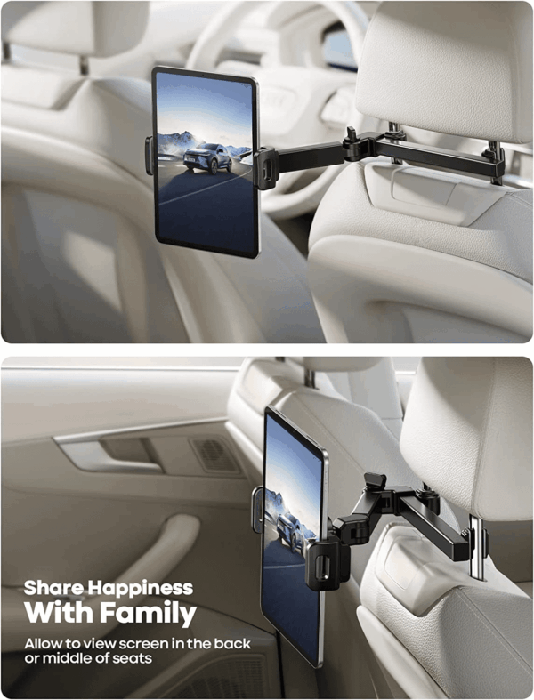 Car Headrest Tablet Holder - [3 in 1 Extension Arm] Adjustable Tablet Car Mount for Back Seat, Road Trip Essentials for Kids, for 4.7-11" Device like Ipad Pro, Air, Mini, Galaxy, Fire, Black - Image 3