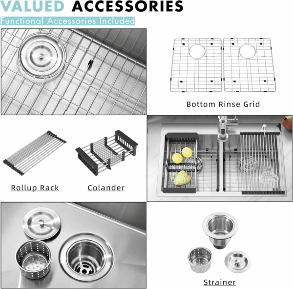 33 Inch Large Double Bowls Drop in Kitchen Sink,Nano Coating Stainless Steel Handmade Topmount Kitchen Sink - Image 5