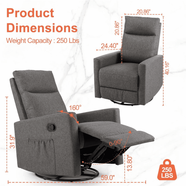 Recliner Chair, 360 Swivel Rocker Chair for Adults, Glider Rocker Recliners, Nursery Chairs for Living Room, High Back, Upholstered Deep Seat, Grey - Image 4