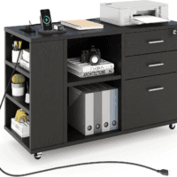 File Cabinet with Charging Station, Mobile Lateral Filing Cabinet with Lock for Home Office, Printer Stand with Open Storage Shelf, Fits A4, Letter, Legal Size Files, Office Furniture, Black