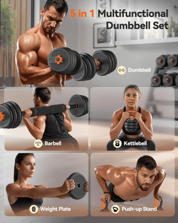 Adjustable Dumbbells, 20/30/40/45/70/90Lbs Free Weight Set with Connector, 5 In1 Dumbbells Set Used as Barbell, Kettlebells, Push up Stand, Weight Plate, Fitness Exercises for Home Gym Suitable Men/Women - Image 2