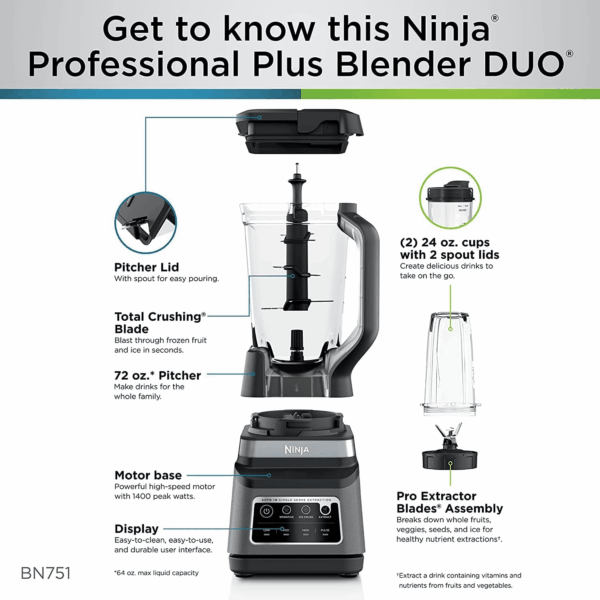 BN751 Professional plus DUO Blender, 1400 Peak Watts, 3 Auto-Iq Programs for Smoothies, Frozen Drinks & Nutrient Extractions, 72-Oz. Total Crushing Pitcher & (2) 24 Oz. To-Go Cups, Black - Image 7