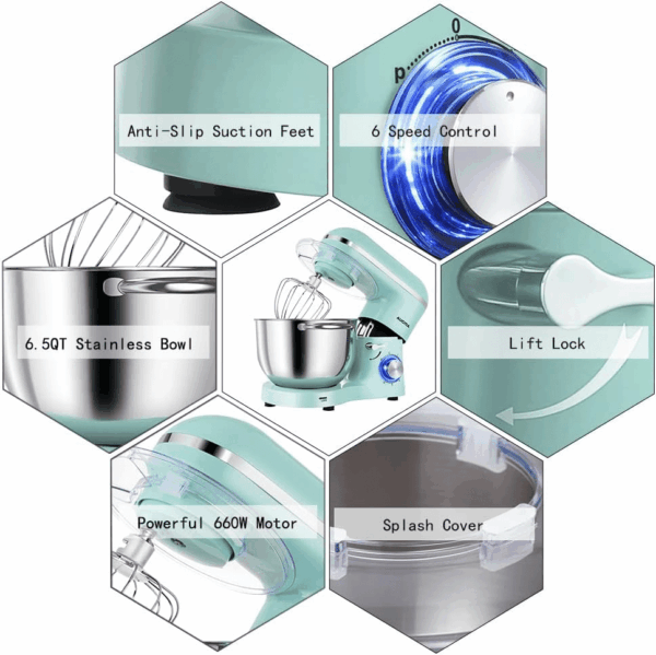 Stand Mixer,6.5-Qt 660W 6-Speed Tilt-Head Food Mixer, Kitchen Electric Mixer with Dough Hook, Wire Whip & Beater (6.5QT, Blue) - Image 3