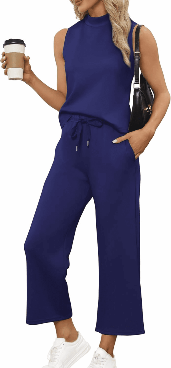 Two Piece Sets for Women Summer Outfits Lounge Sets Mock Neck Tops Wide Leg Crop Pants Vacation Travel Outfits