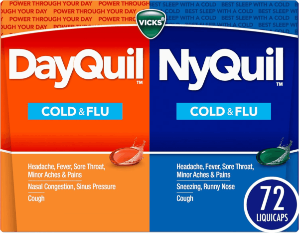 Dayquil & Nyquil Co-Pack, Cold & Flu Medicine, Powerful Multi-Symptom Daytime & Nighttime Relief for Headache, Fever, Sore Throat, Minor Aches & Pains, & Cough, 72Ct