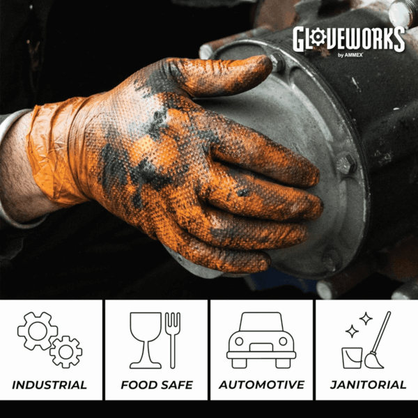 HD Orange Nitrile Gloves, 8 Mil, Disposable, Raised Diamond Texture, Mechanic Gloves - Image 3